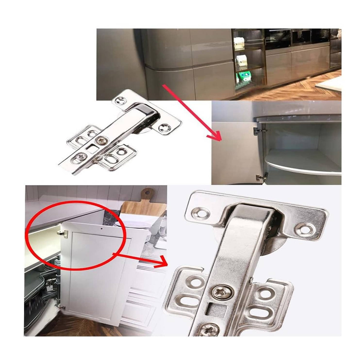 Concealed corner cabinet hinge close-up, silver mounting bracket and screws