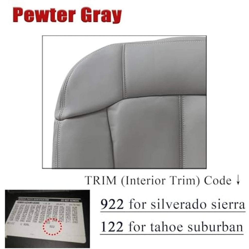 Pewter gray leather seat cover close-up showing curved headrest and vertical seams.