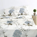 White cotton floral bed sheets set with blue flowers and botanical prints, 4-piece
