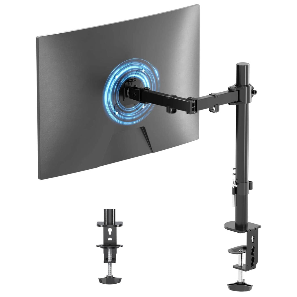 Suptek single monitor arm with VESA mount on a desk post, black hardware