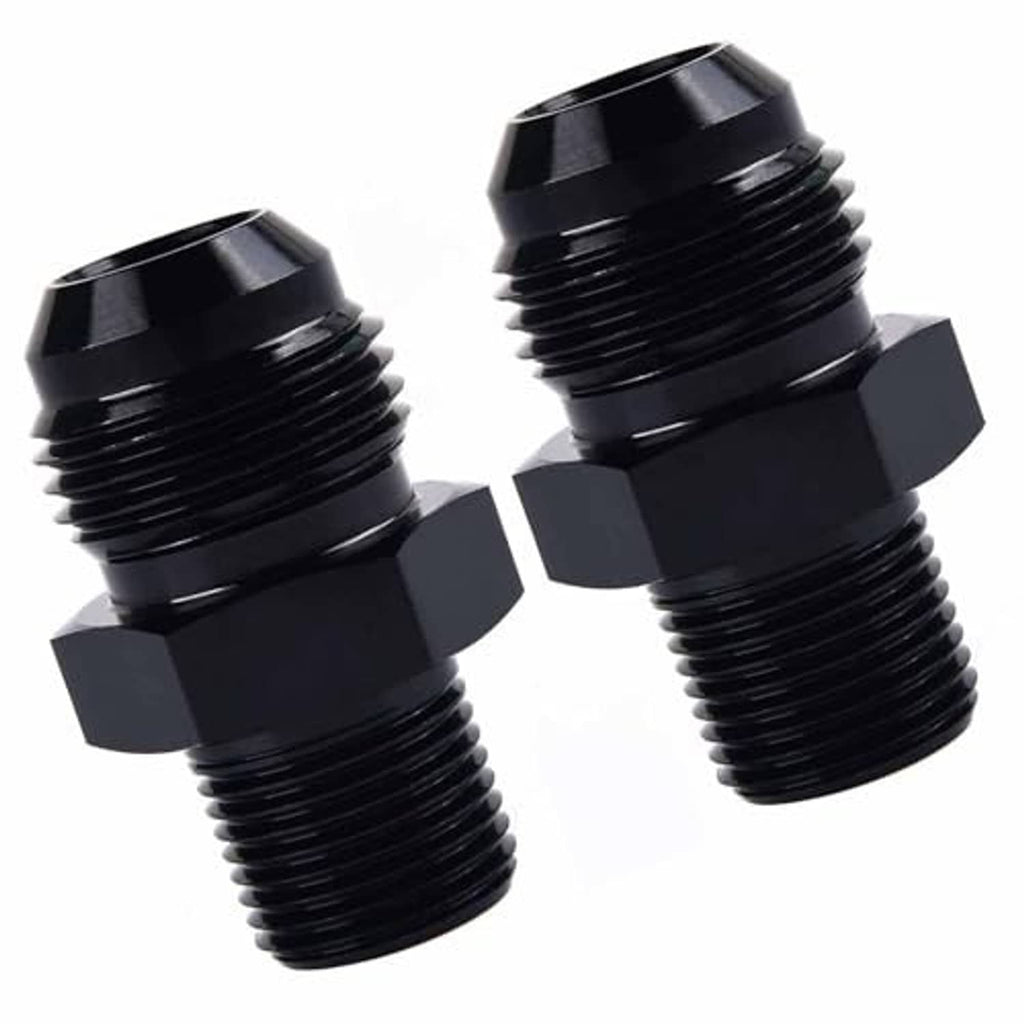 Black aluminum AN flare to 3/8 NPT male adapters, 2-pack, close view