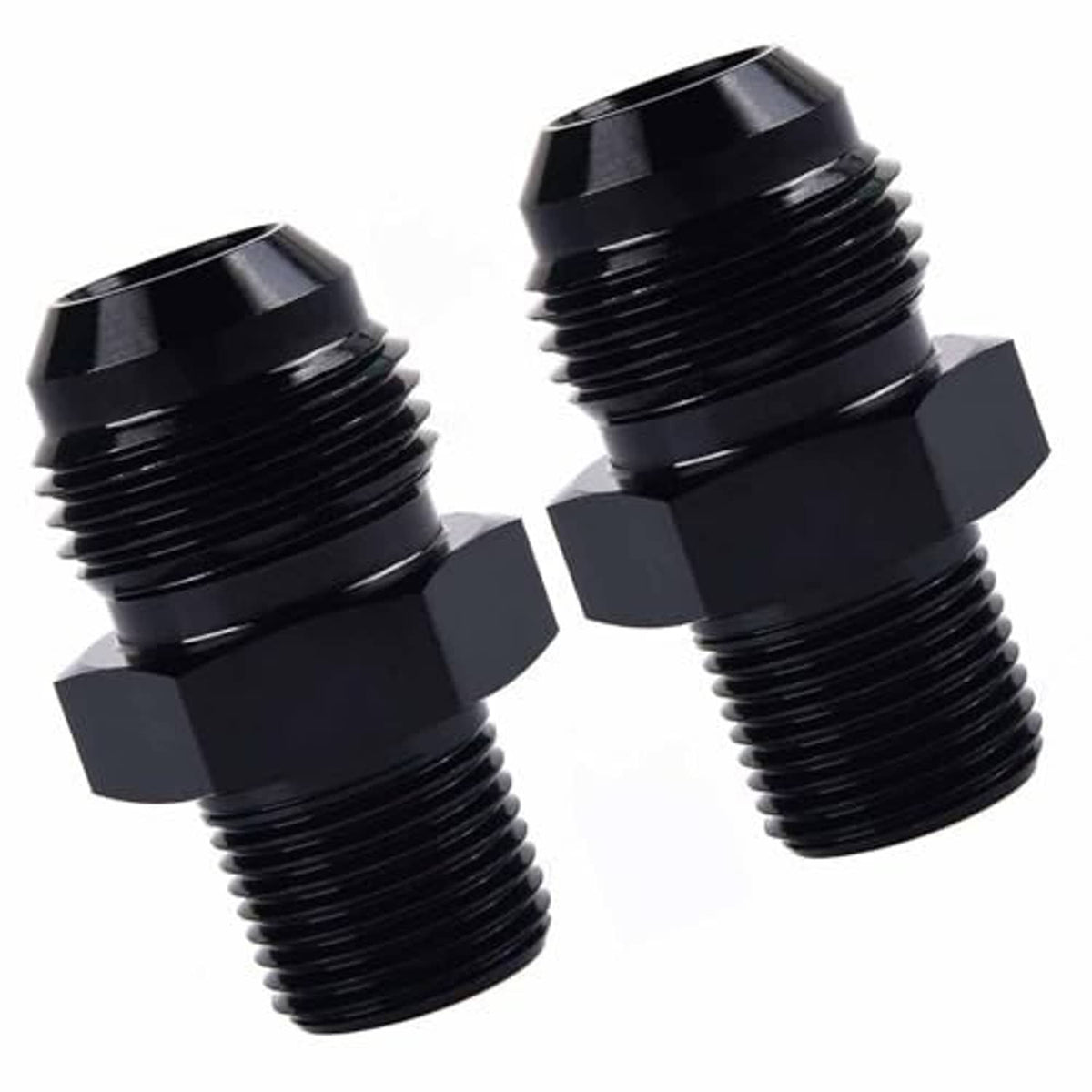 Black aluminum AN flare to 3/8 NPT male adapters, 2-pack, close view