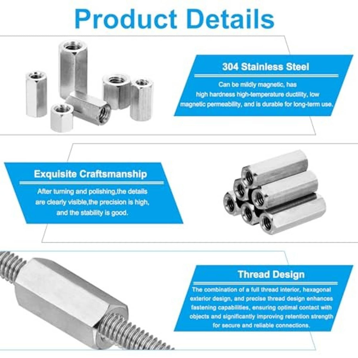 304 stainless steel hex coupling nuts with internal threads, product detail view