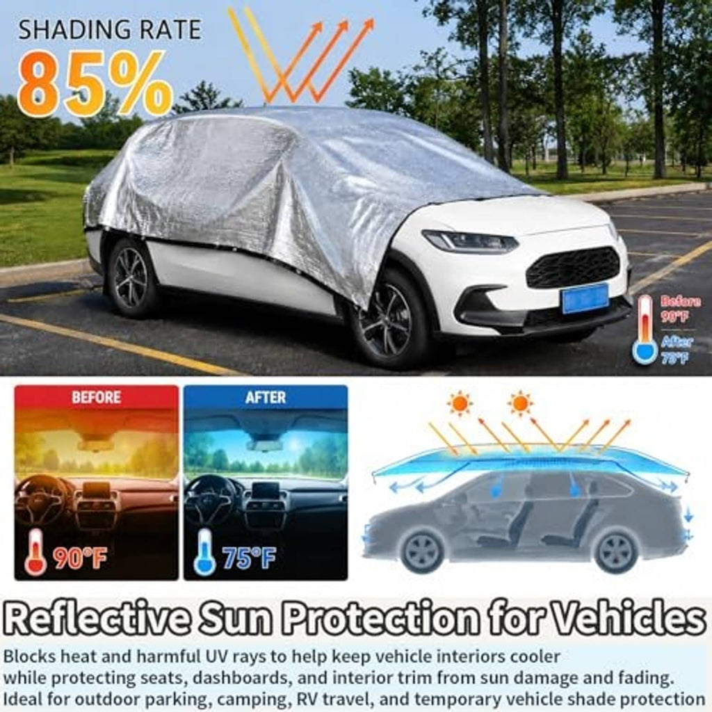 Silver reflective sun shade cloth covering a car roof for cooler vehicle interior