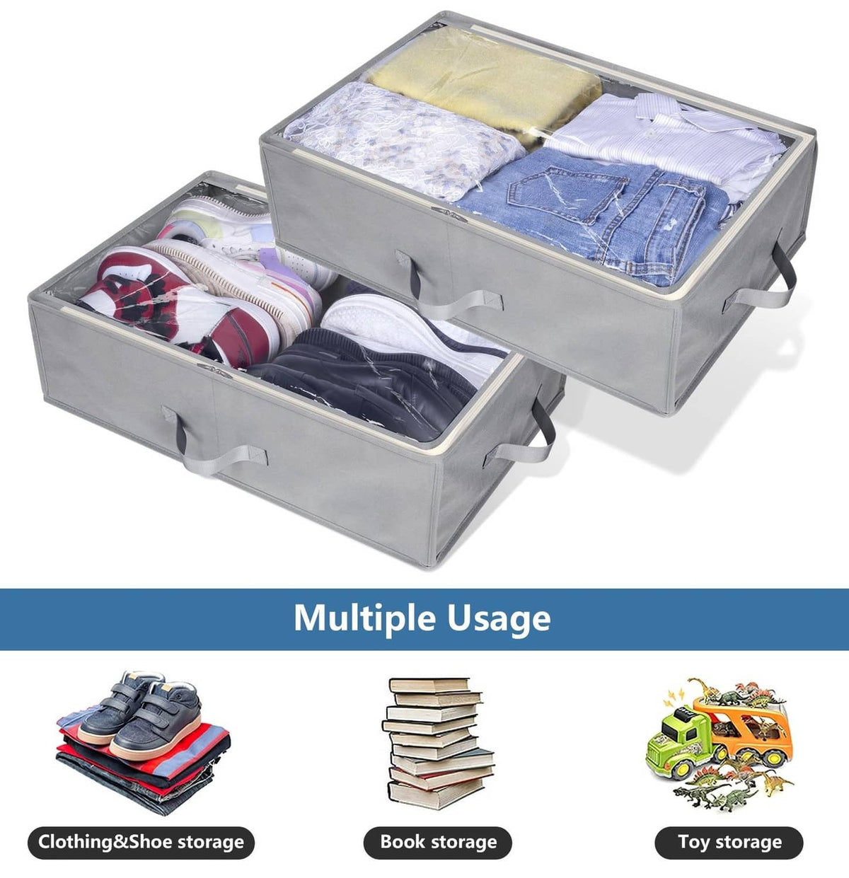 Two gray foldable hat storage boxes with caps inside and top lids open