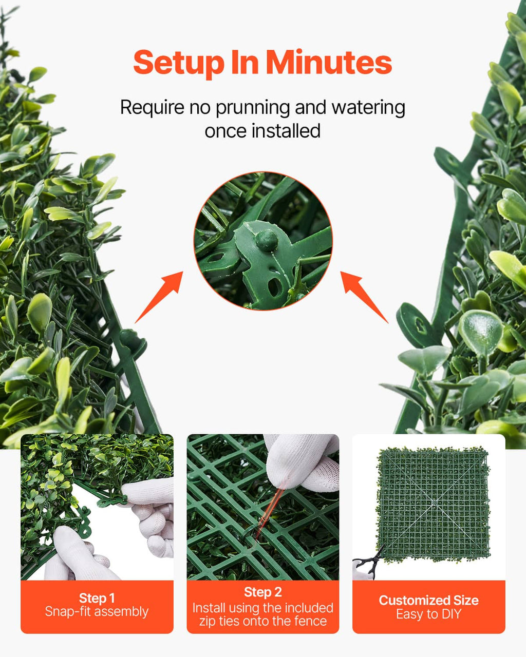 Green artificial grass panel with leafy edges and snap-on installation layout