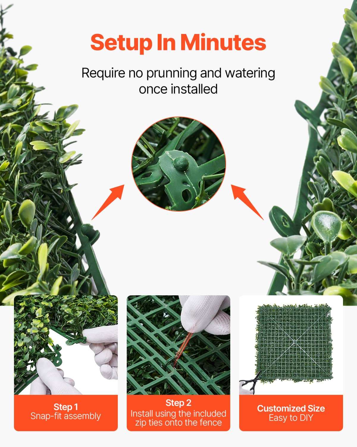 Green artificial grass panel with leafy edges and snap-on installation layout