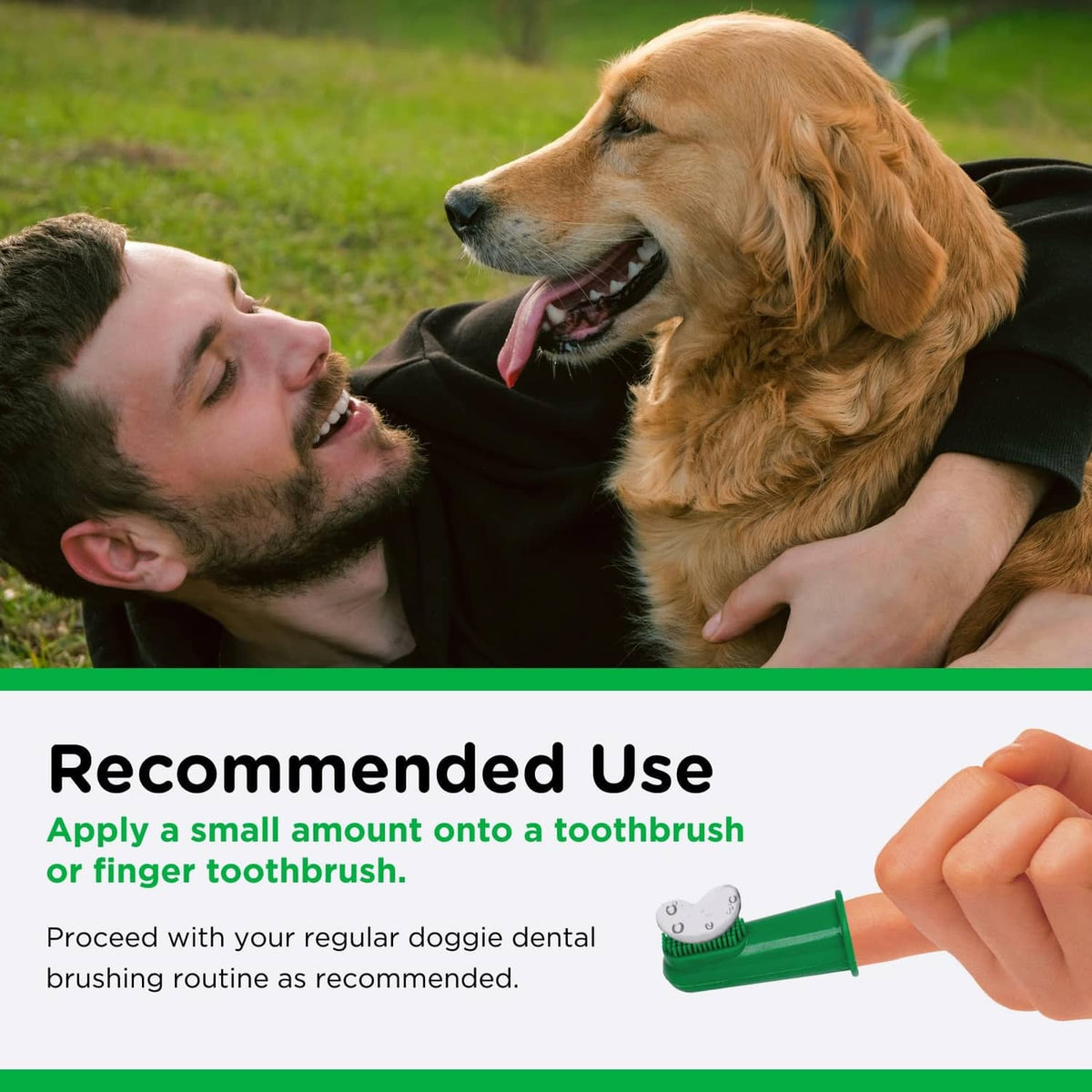 Recommended use graphic with dog licking and toothpaste application instruction