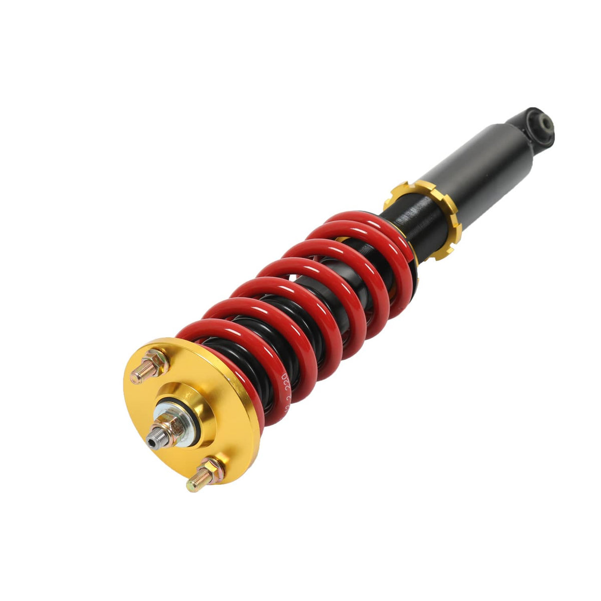 Coilover shock with red spring, black damper, and gold base plate with bolts