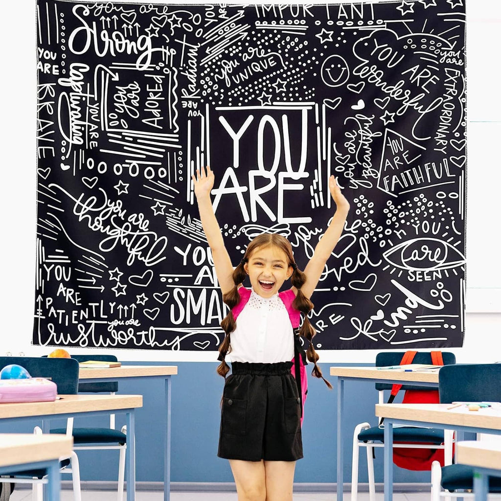 Black and white kids motivational wall tapestry with bold “YOU ARE” center design