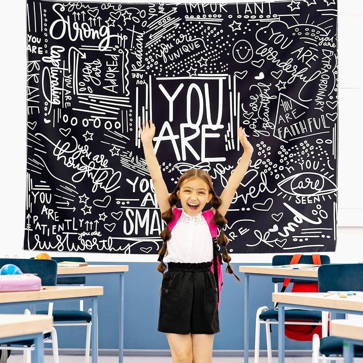 Black and white kids motivational wall tapestry with bold “YOU ARE” center design