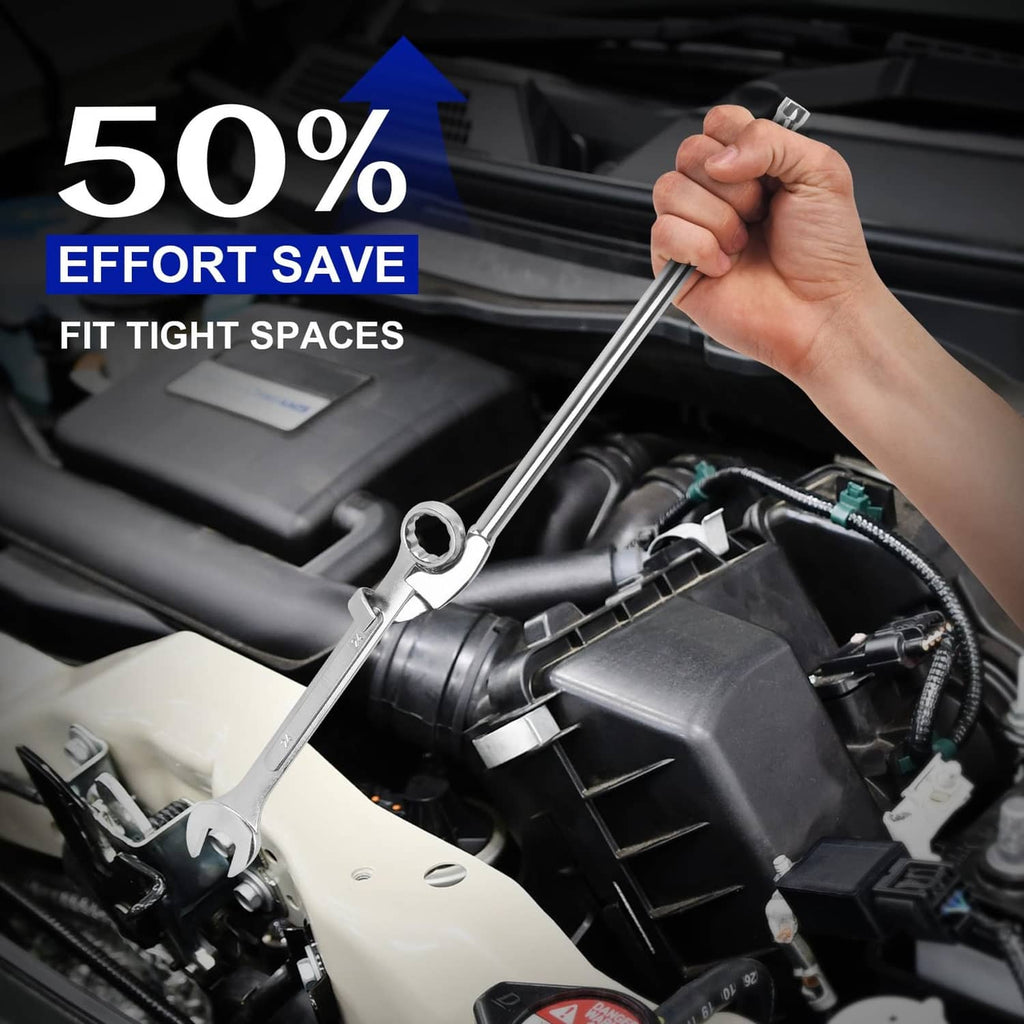 Silver wrench extender tool being used by hand in tight engine area
