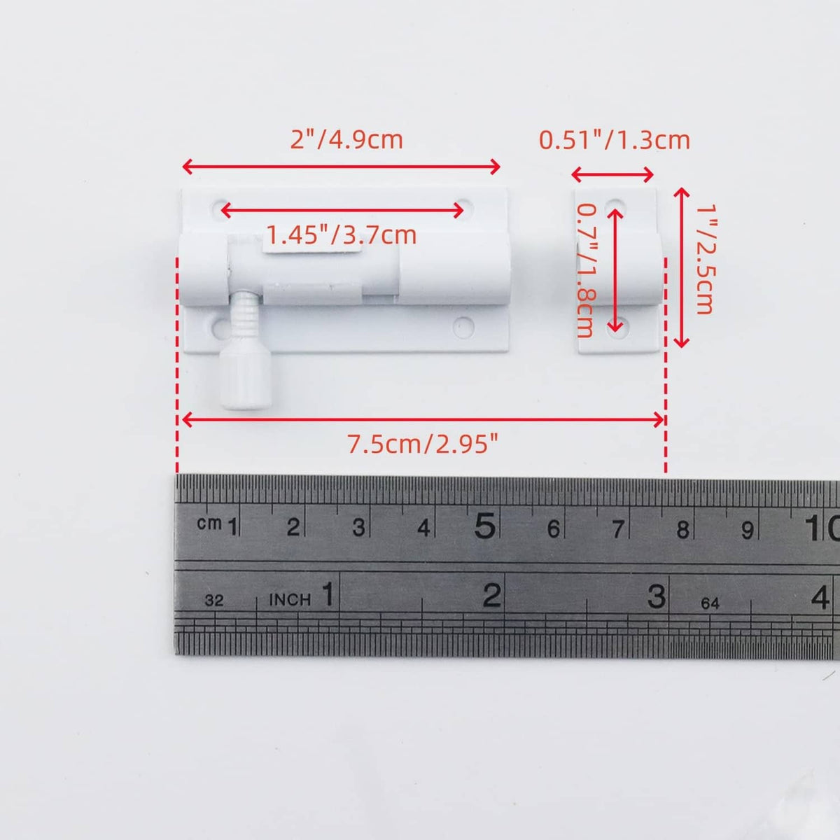 Slide bolt latch size: 7.5cm length, 2cm width, 1.1cm height