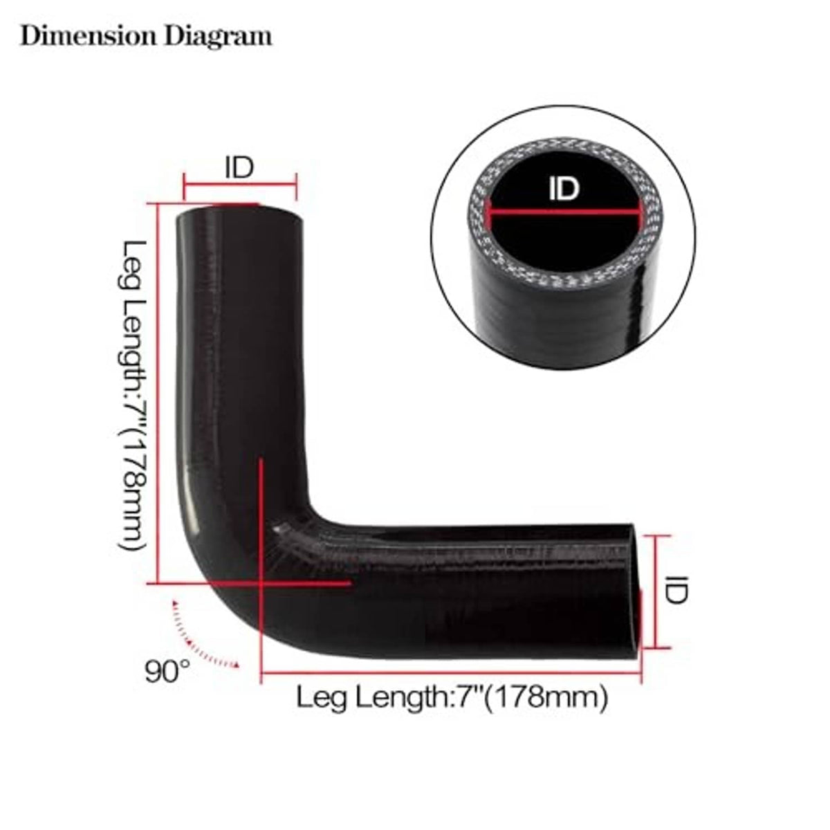 Black 90-degree silicone elbow coupler with cross-section and dimension diagram