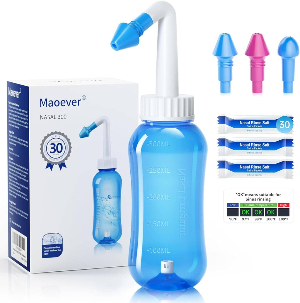 Blue nasal irrigation squeeze bottle with nozzle set, small bottle, and salt packets