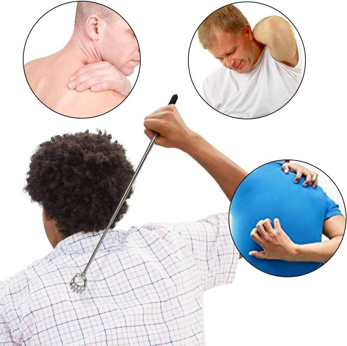 Telescoping back scratcher reaching a person’s back with silver paw tip
