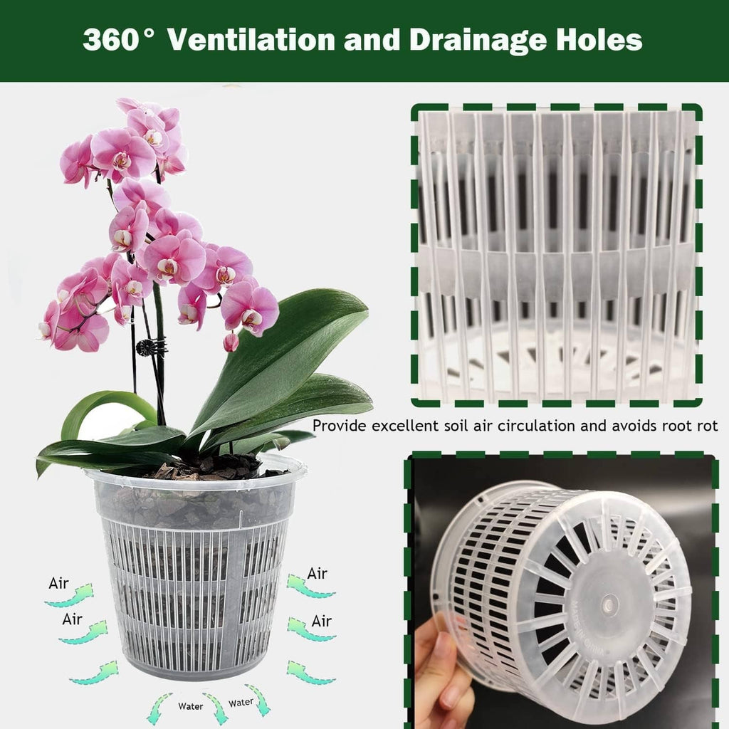 Vented orchid pots with drainage holes and airflow slots for healthier roots