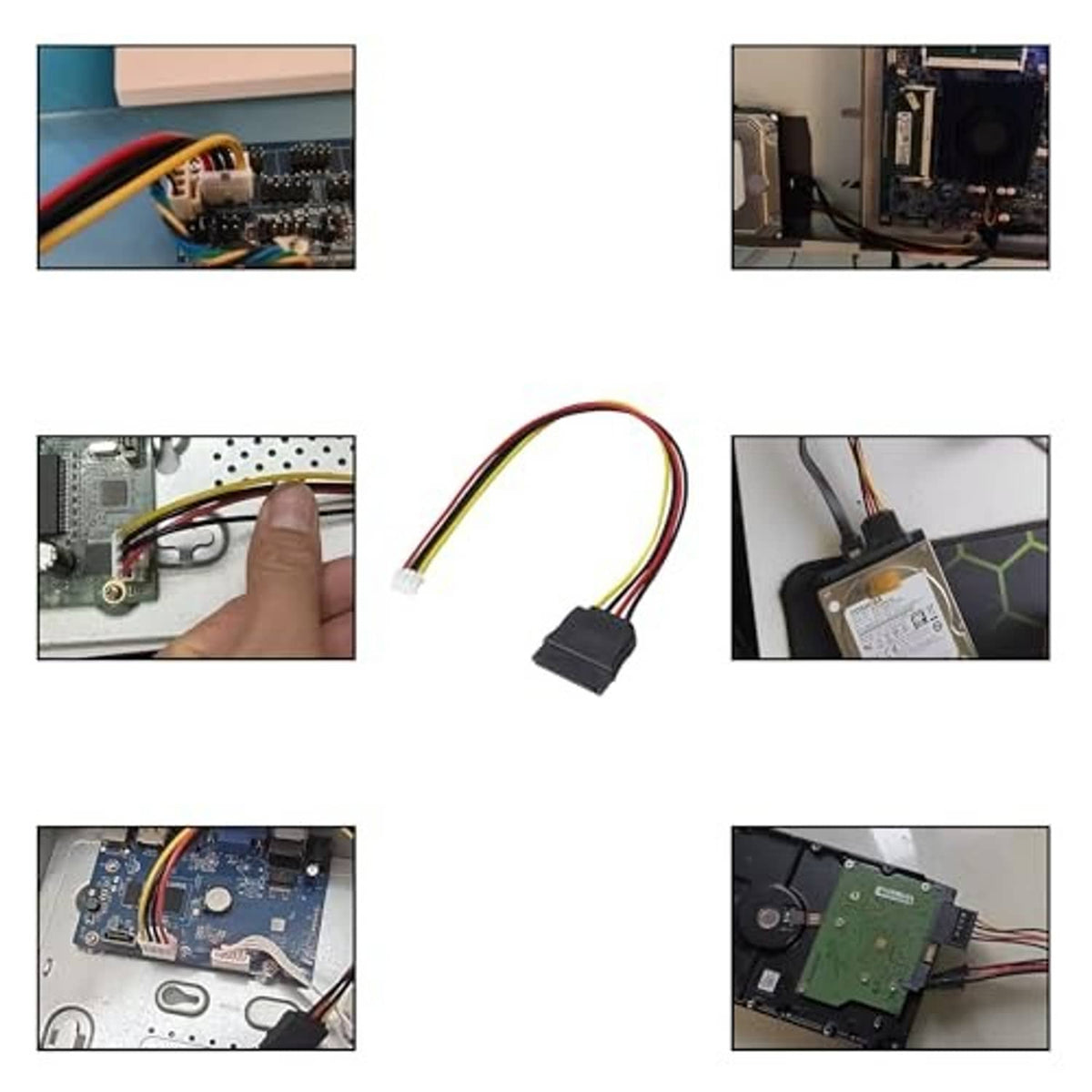 SATA power adapter cable installation guide images with 15-pin SATA and 4-pin plugs