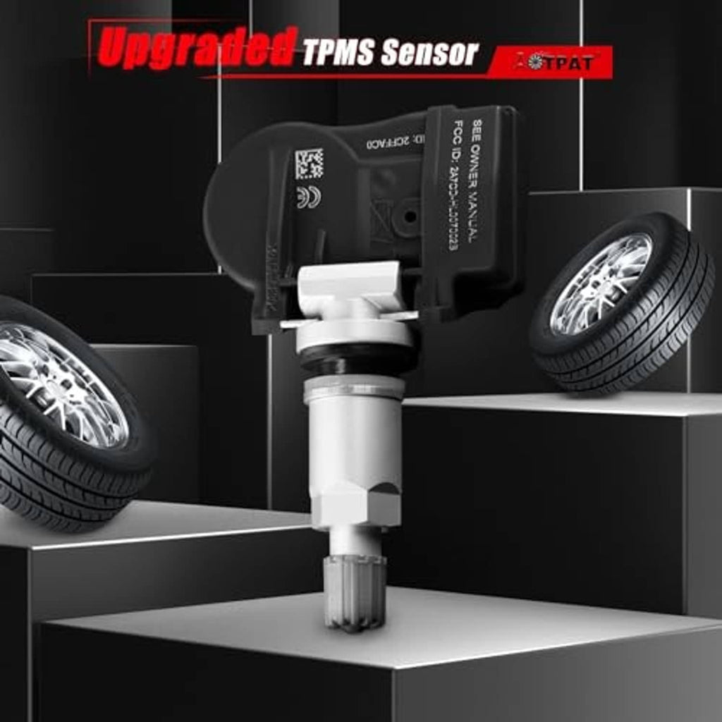 Upgraded TPMS sensor on display, black housing with silver valve stem