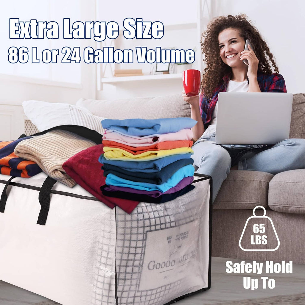 Extra-large semi-transparent moving storage bag with black handles and secure closure