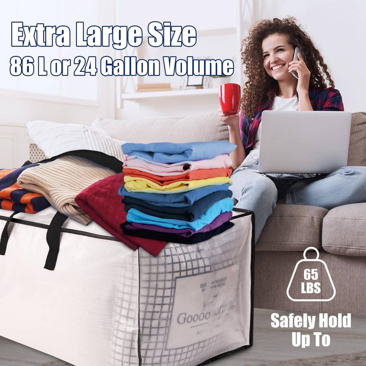 Extra-large semi-transparent moving storage bag with black handles and secure closure