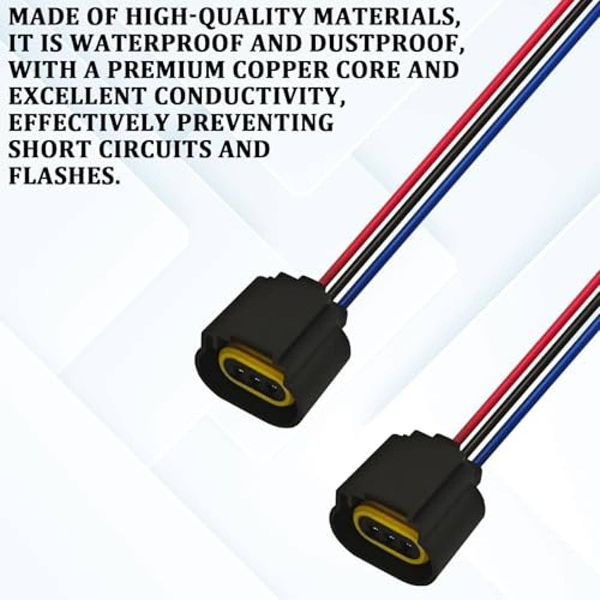 Pair of headlight pigtail connectors with black housings and yellow 2-pin sockets, wired