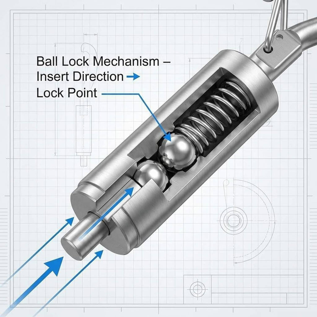 QWORK locking mechanism hanger with ball lock spring assembly shown in close-up