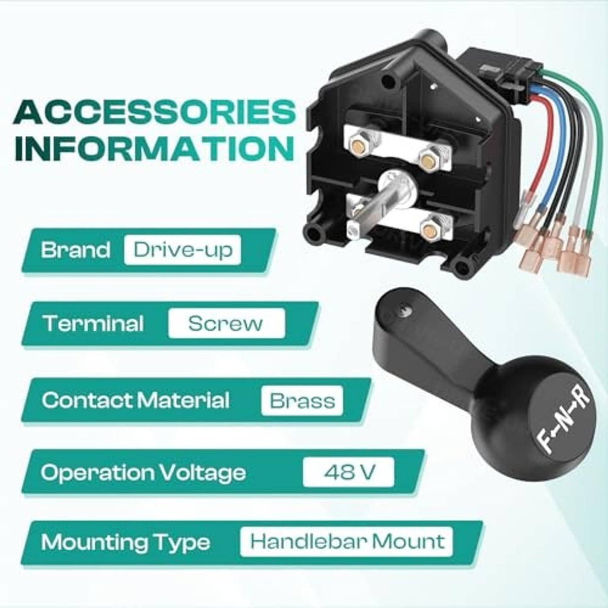 Black switch assembly with mounting plate, F-N-R handle, and brass contact terminals