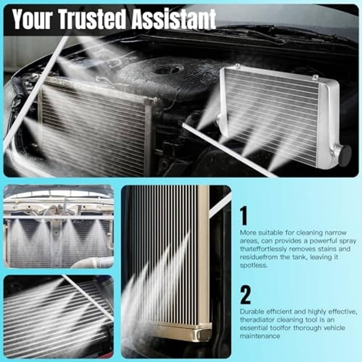 Pressurized wand spraying water onto engine radiator fins for cleaning