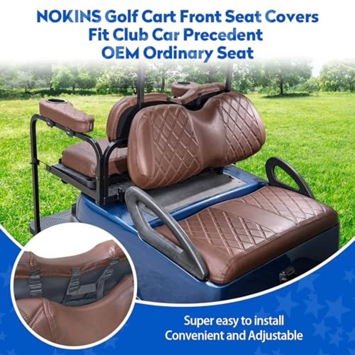 Brown quilted golf cart front seat cover with padded armrests and cup opening