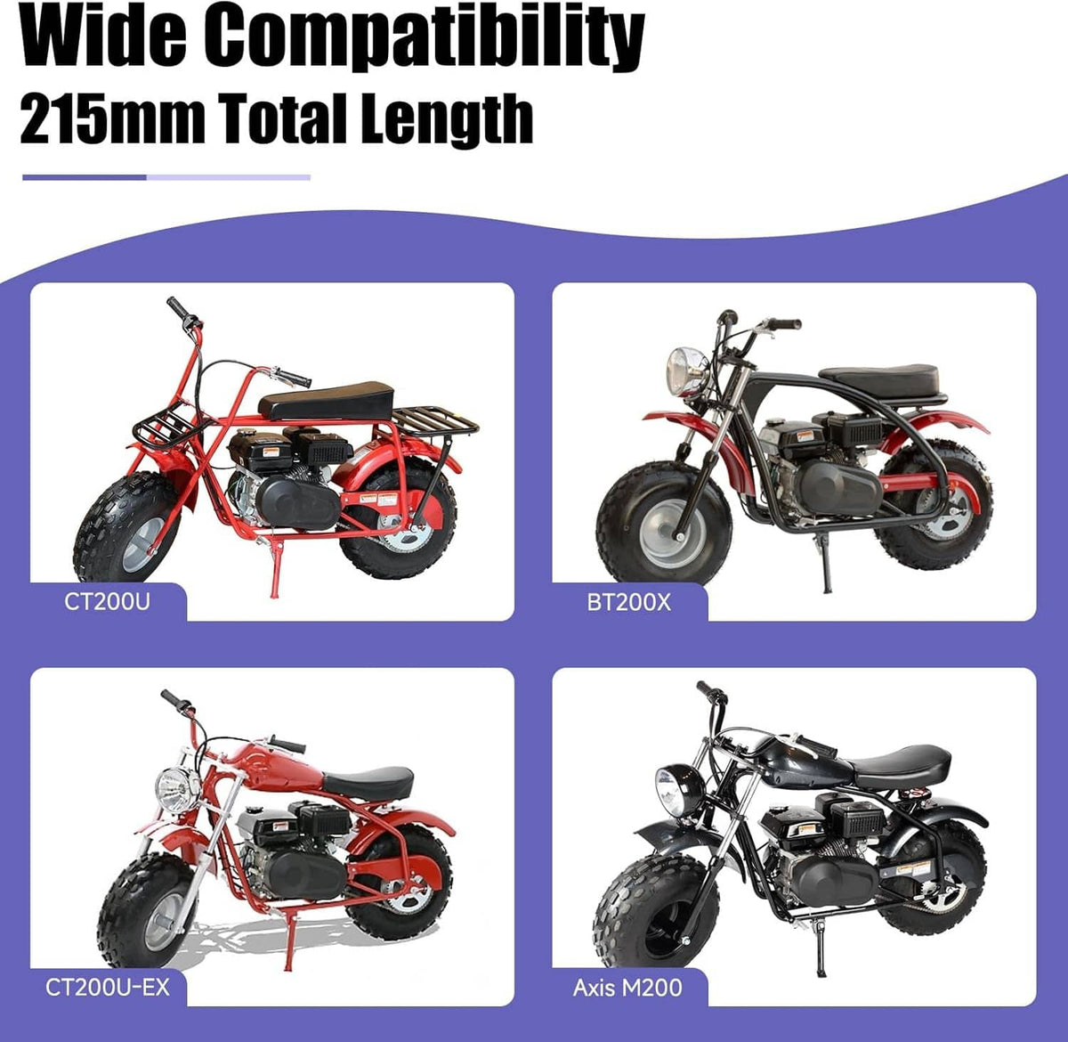 Red mini bike kickstand stand for small motorcycles, shown with compatible bikes