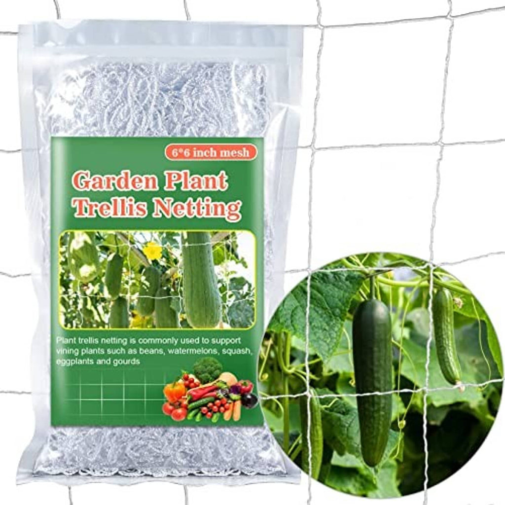 Square-mesh garden trellis netting shown in a clear bag, white grid for climbing plants