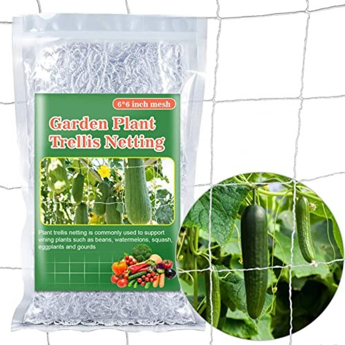 Square-mesh garden trellis netting shown in a clear bag, white grid for climbing plants