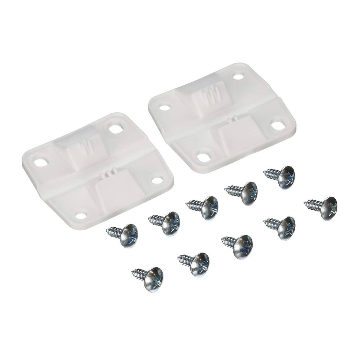 White plastic hinge plates with four mounting screw holes and included screws, 2-pack