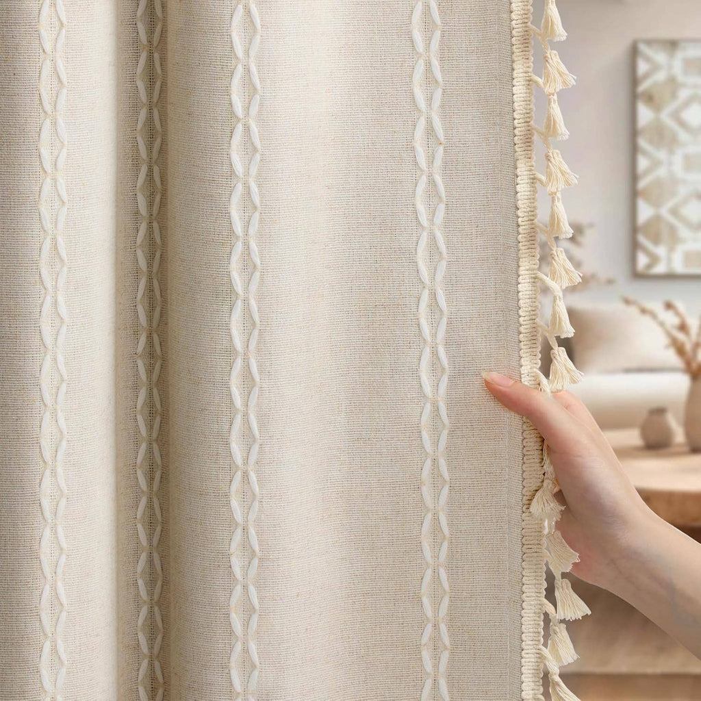 Beige linen blackout curtain panel with braided loops and tassel fringe hem