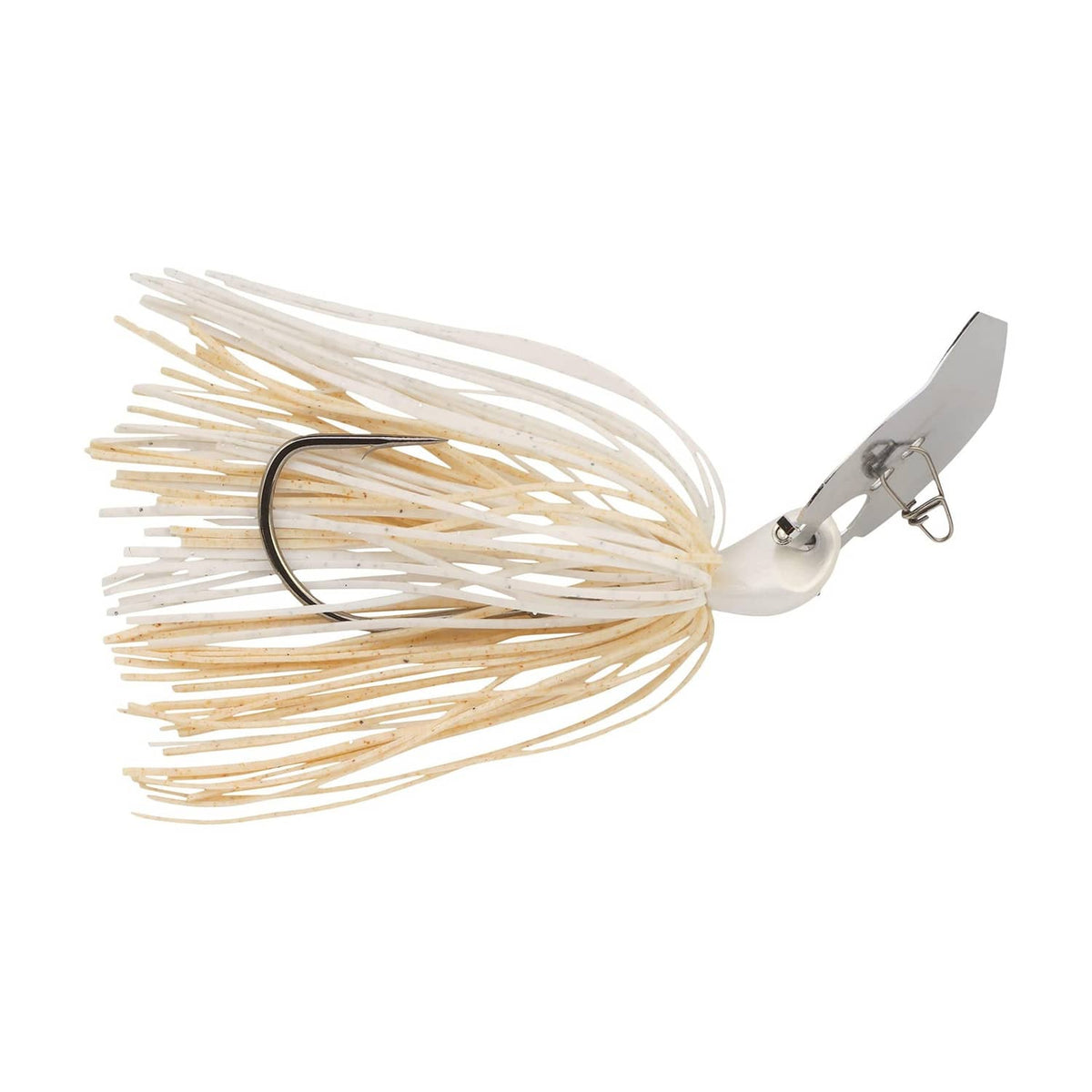 Light tan bladed jig with black hook and metal blade, long skirt strands
