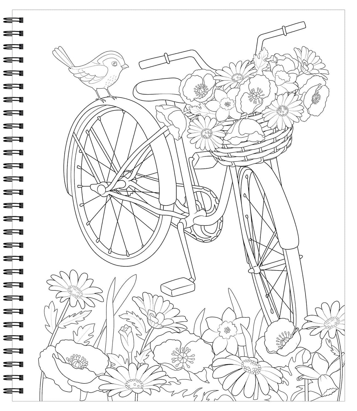 Spiral-bound garden coloring page with line art of a bicycle cart filled with flowers