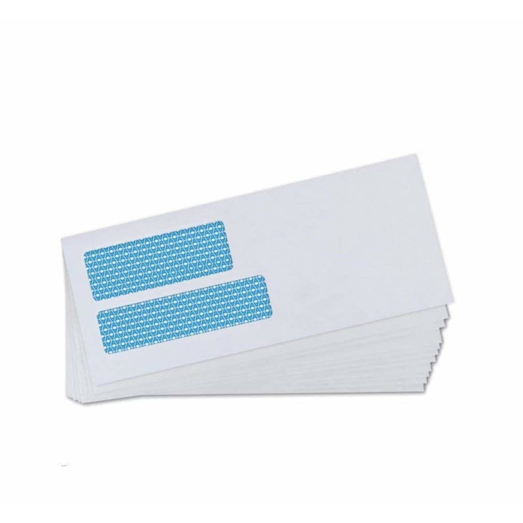 White security envelope with double blue window rectangles, self-seal flap closed
