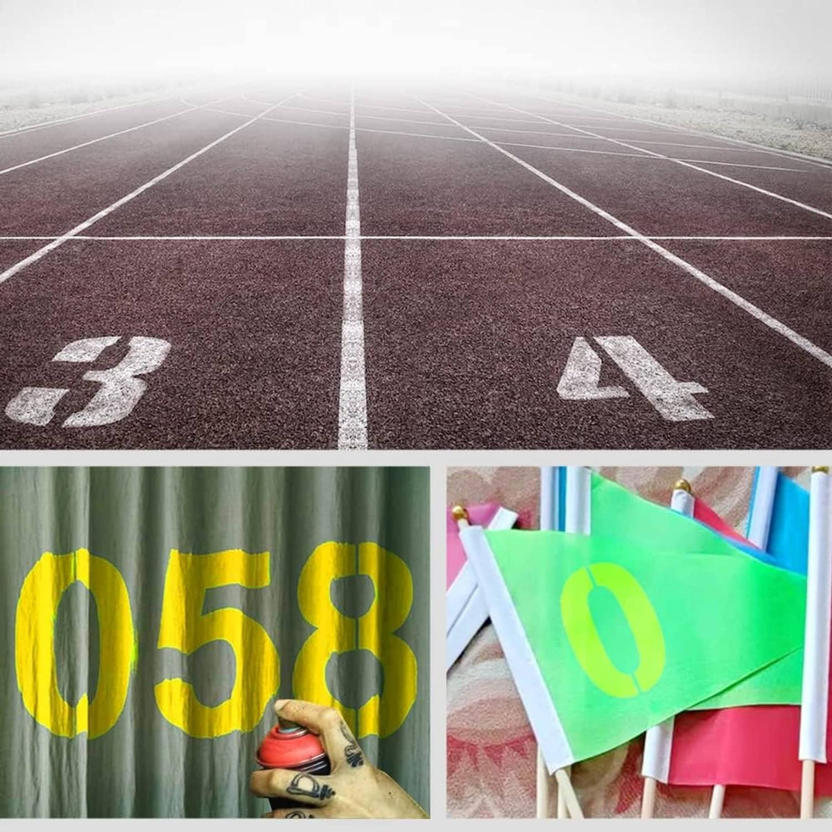 Number stencils applied to green fabric banner with large yellow digits