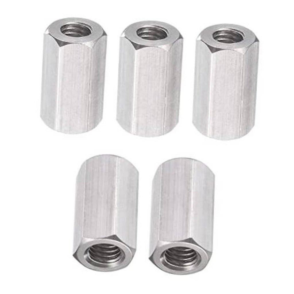 Hex coupling nuts set of 3, silver steel with internal threads, cylindrical shape.