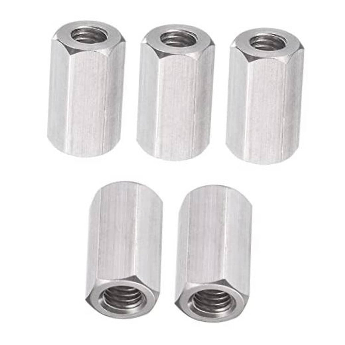 Hex coupling nuts set of 3, silver steel with internal threads, cylindrical shape.