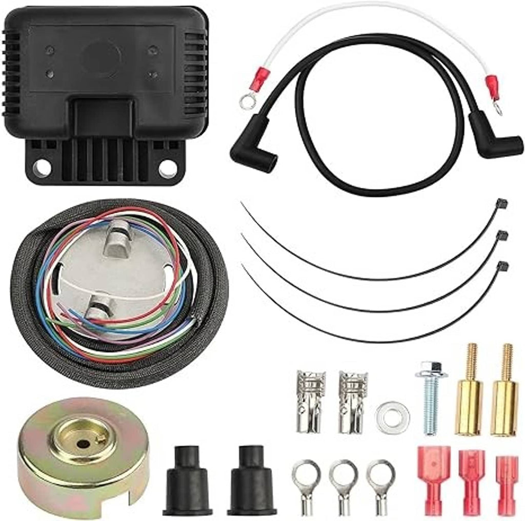 Ignition kit view: black control box, sensor coil, wiring harness, ring and terminals