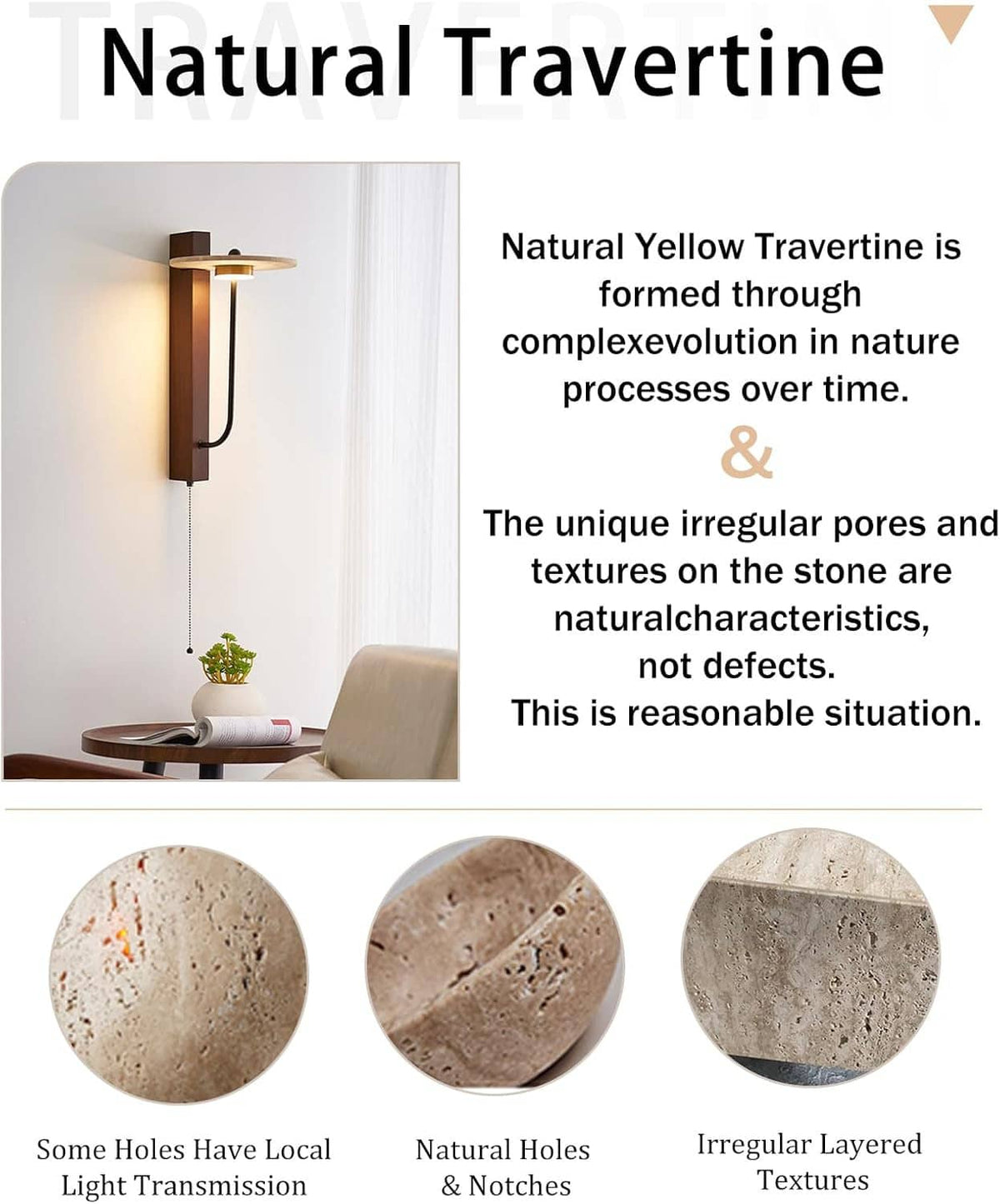 Natural yellow travertine wall sconce with irregular stone texture and wood back plate