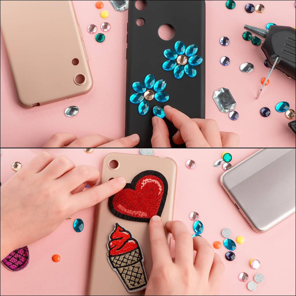 Rhinestones being added to phone cases and accessories in mixed colors