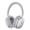 Silver over-ear wireless headphones with padded earcups and flexible headband