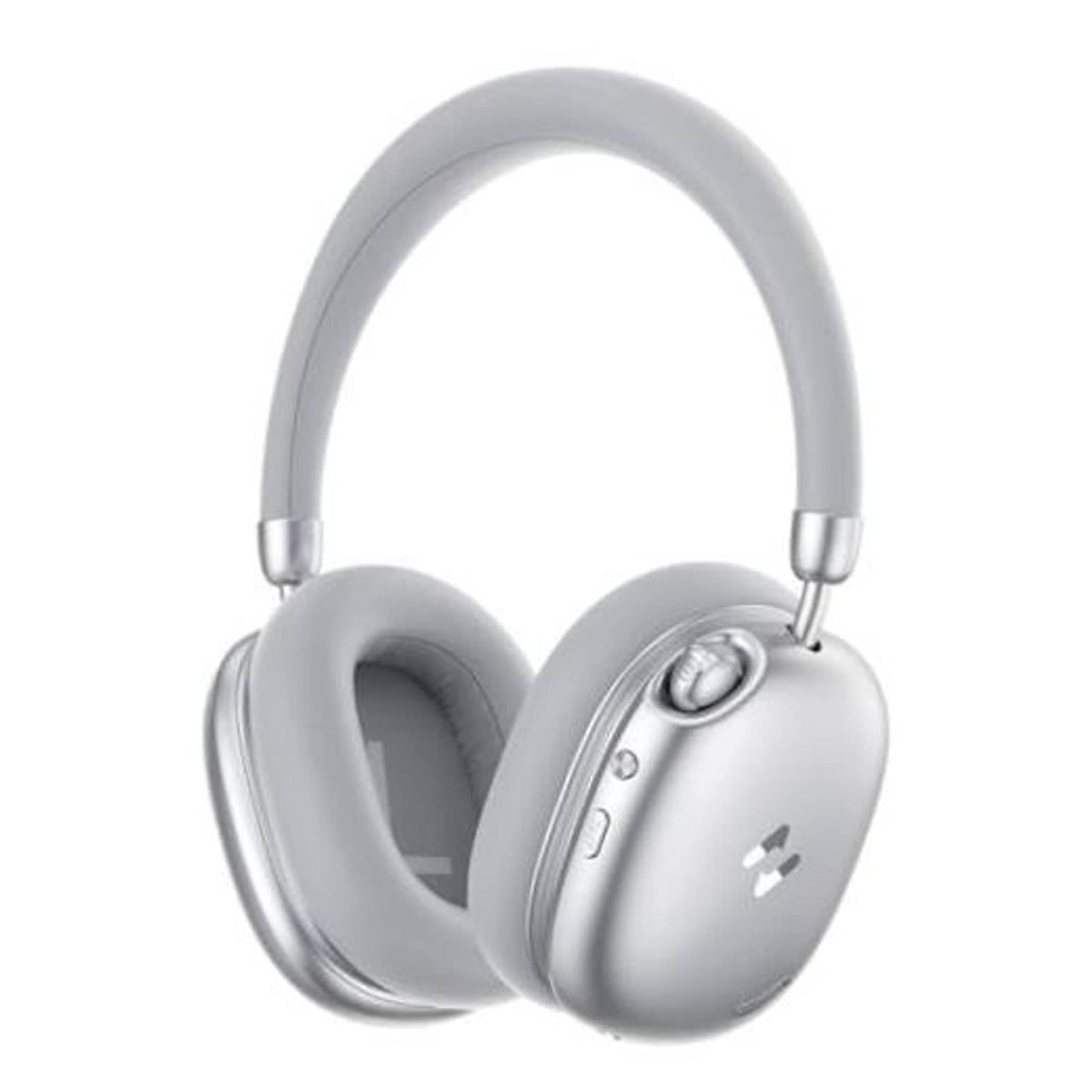 Silver over-ear wireless headphones with padded earcups and flexible headband