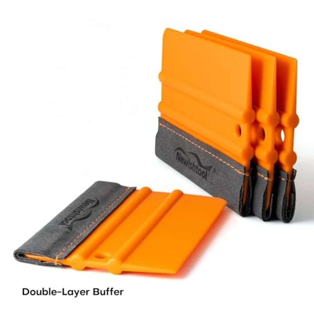 Orange-and-gray vinyl wrap squeegee set with gray felt base and stitched seams