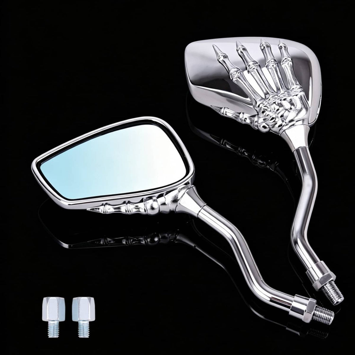 Chrome skull-hand motorcycle side mirrors with clear blue-tinted glass and bolt accessories