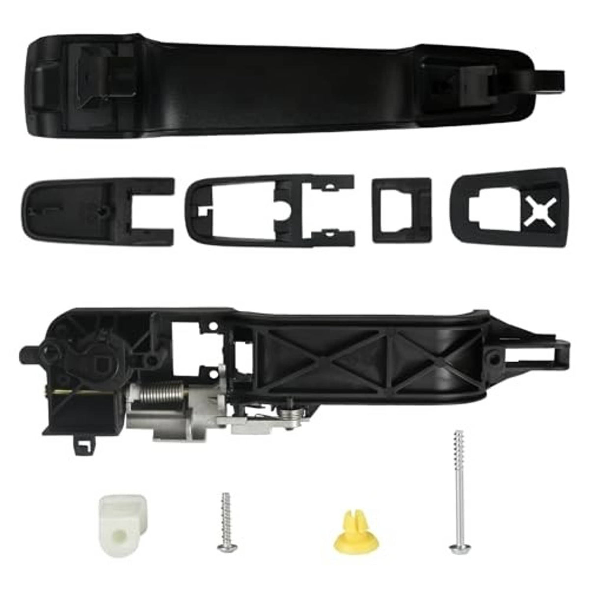 Black exterior door handle with latch mechanism, reinforcement parts, screws and caps