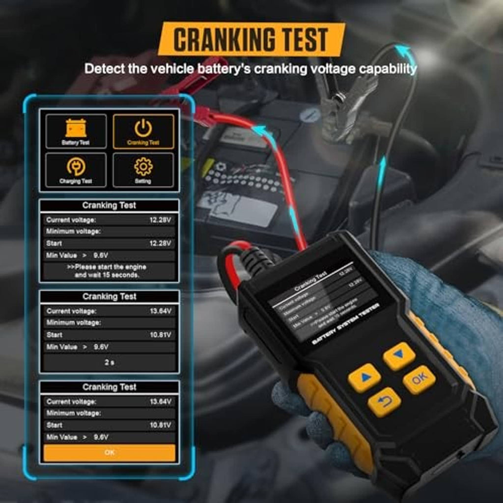 Battery tester showing cranking test controls with red clamp cables